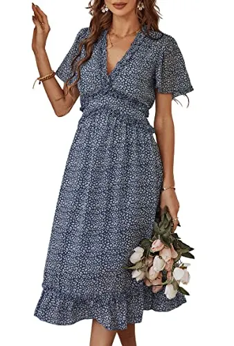 KIRUNDO 2023 Women's Summer Casual Ruffle Short Sleeve V Neck Boho Floral Print Midi Dress Flowy Chiffon A Line Long Dress(Dark Blue, Large)