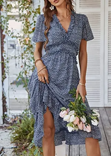 KIRUNDO 2023 Women's Summer Casual Ruffle Short Sleeve V Neck Boho Floral Print Midi Dress Flowy Chiffon A Line Long Dress(Dark Blue, Large)