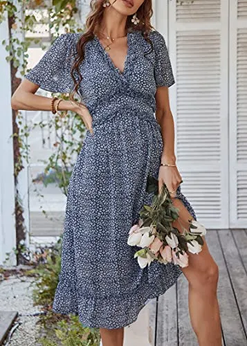 KIRUNDO 2023 Women's Summer Casual Ruffle Short Sleeve V Neck Boho Floral Print Midi Dress Flowy Chiffon A Line Long Dress(Dark Blue, Large)