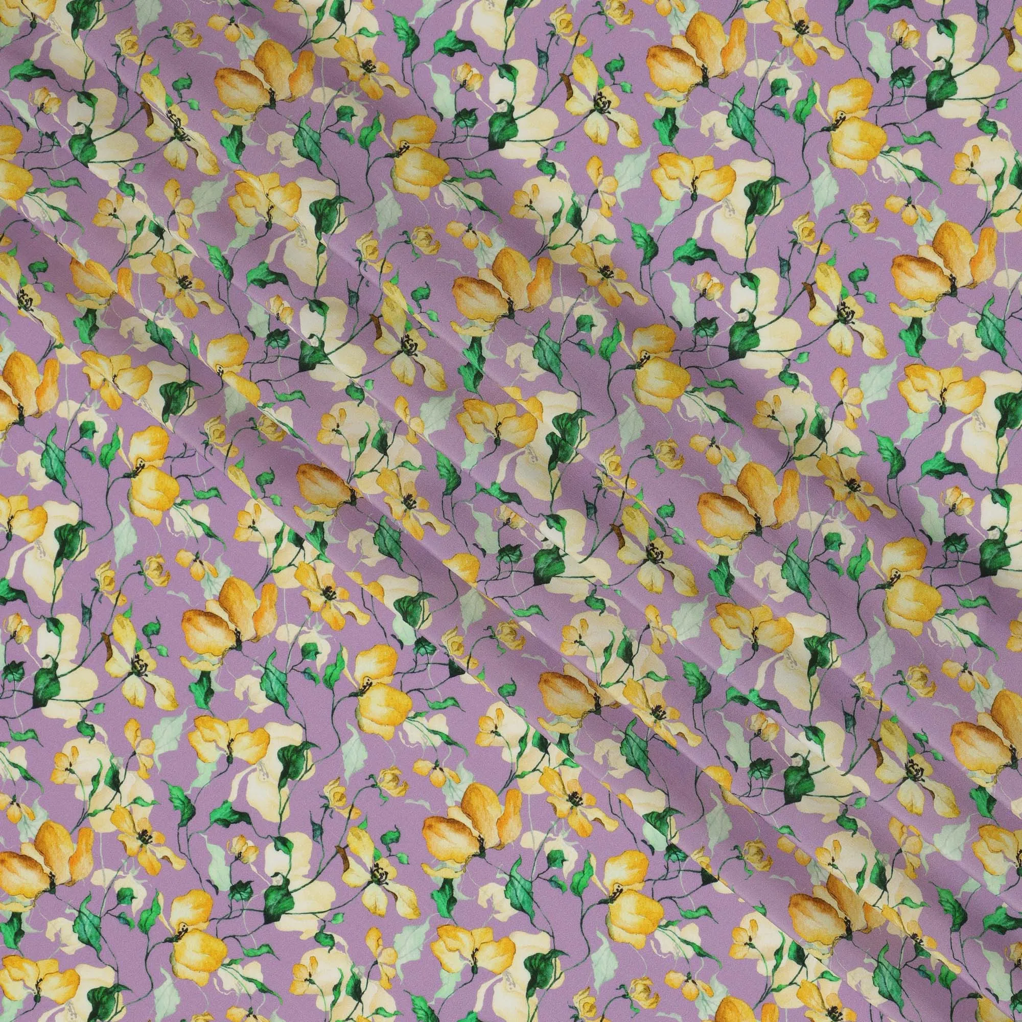 Lavender Viscose Fabric with Yellow Floral Digital Print, 110 cm Width-D20622