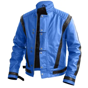 Leather Skin Men Blue and Black Genuine Leather Jacket with Stripes