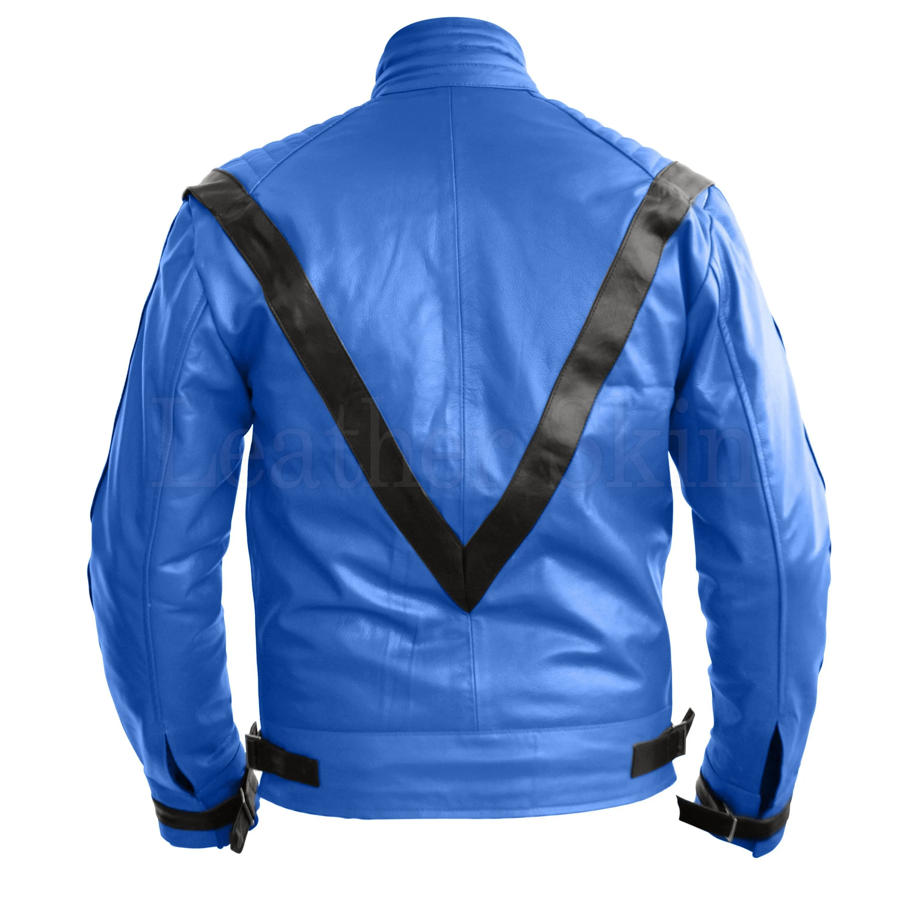 Leather Skin Men Blue and Black Genuine Leather Jacket with Stripes