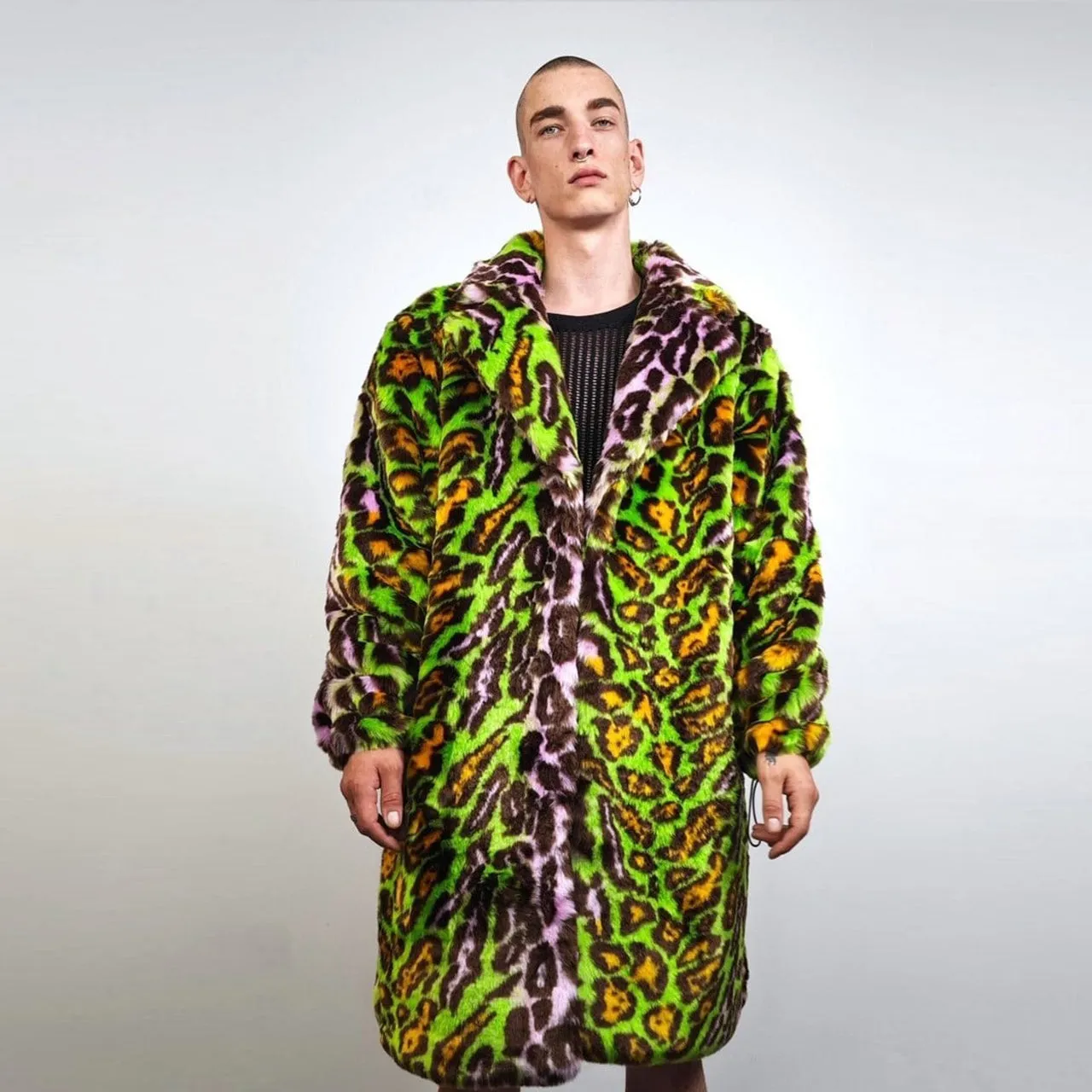 Leopard fauxfur coat green neon animal print festival trench