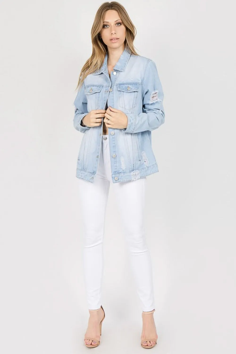 Letter Patched Distressed Denim Jacket