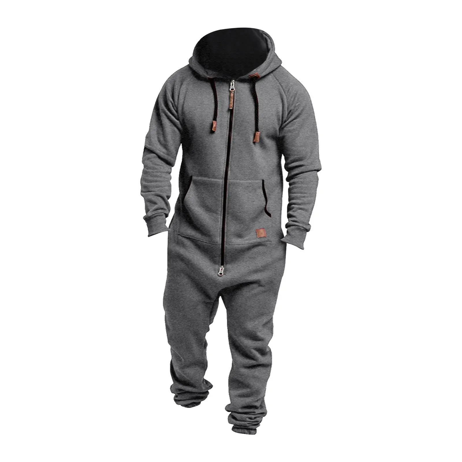 Men Hooded Jumpsuit Pure Color Splicing Autumn Winter Clothing Casual Hoodie Male Jumpsuit With Zipper