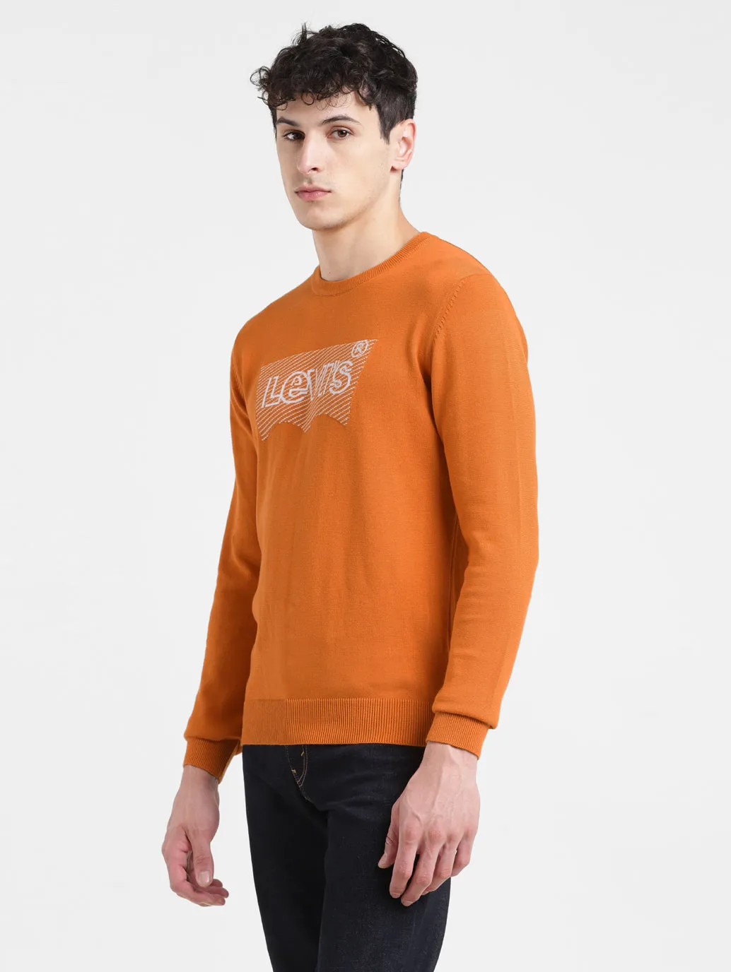 Men's Solid Orange Crew Neck Sweater