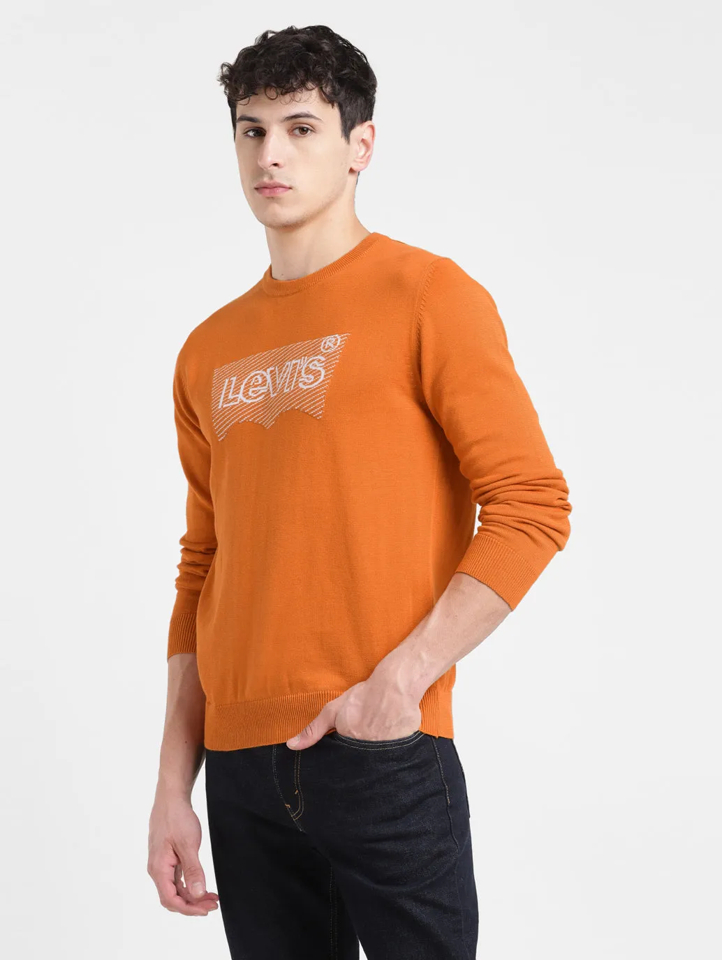 Men's Solid Orange Crew Neck Sweater