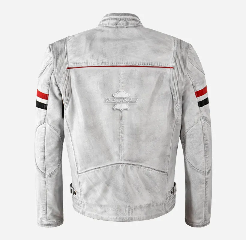 Mosta Leather Biker Jacket White Mens VIntage Stripes Leather Jacket