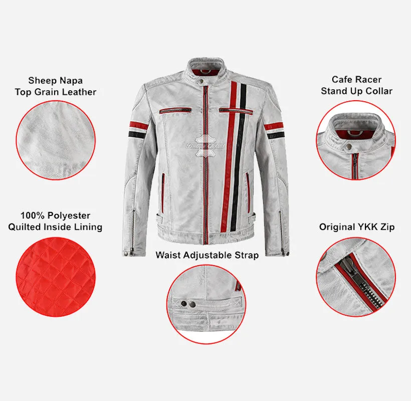 Mosta Leather Biker Jacket White Mens VIntage Stripes Leather Jacket