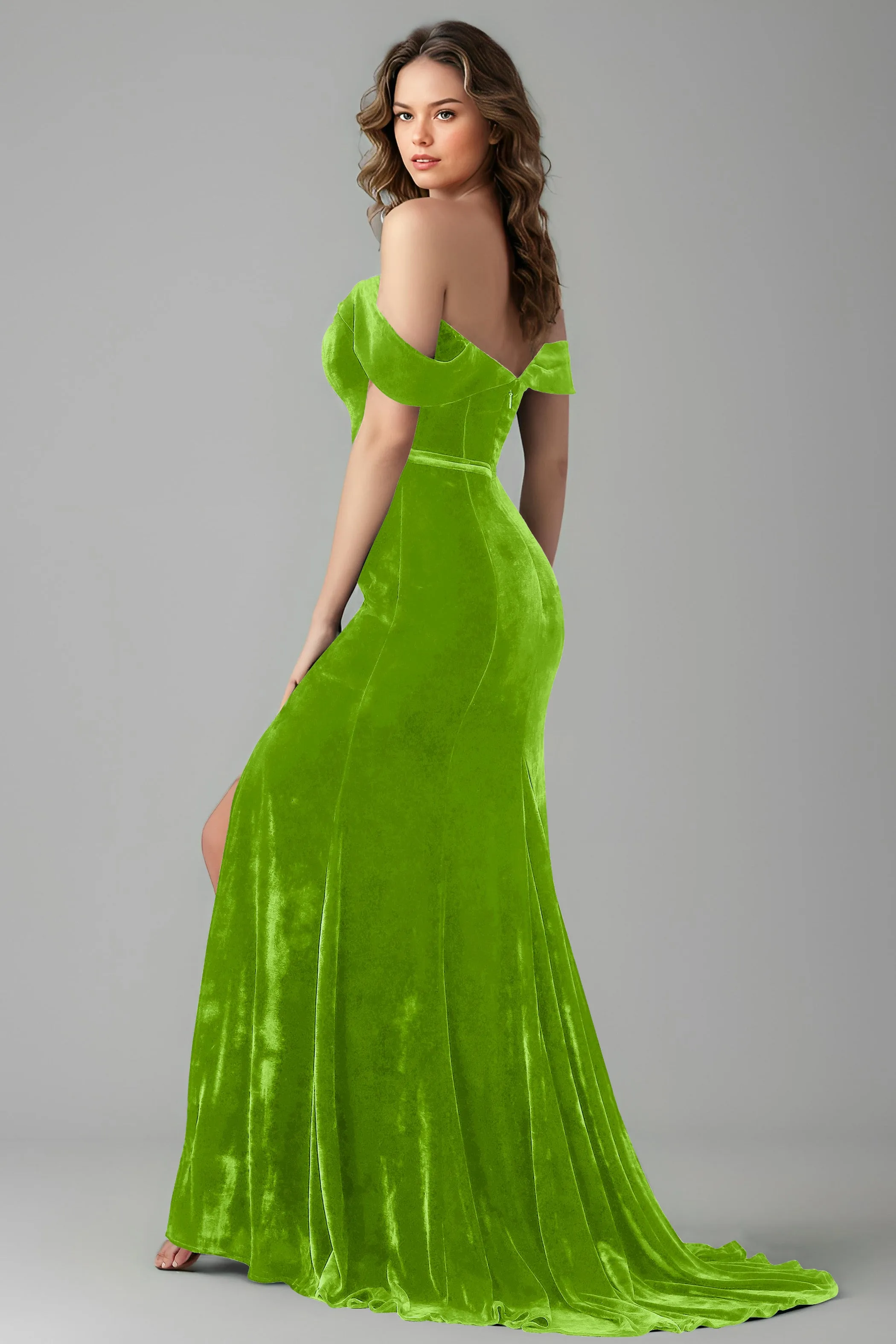 New Arrival Off the Shoulder Mermaid Velvet Bridesmaid Dresses with Slit