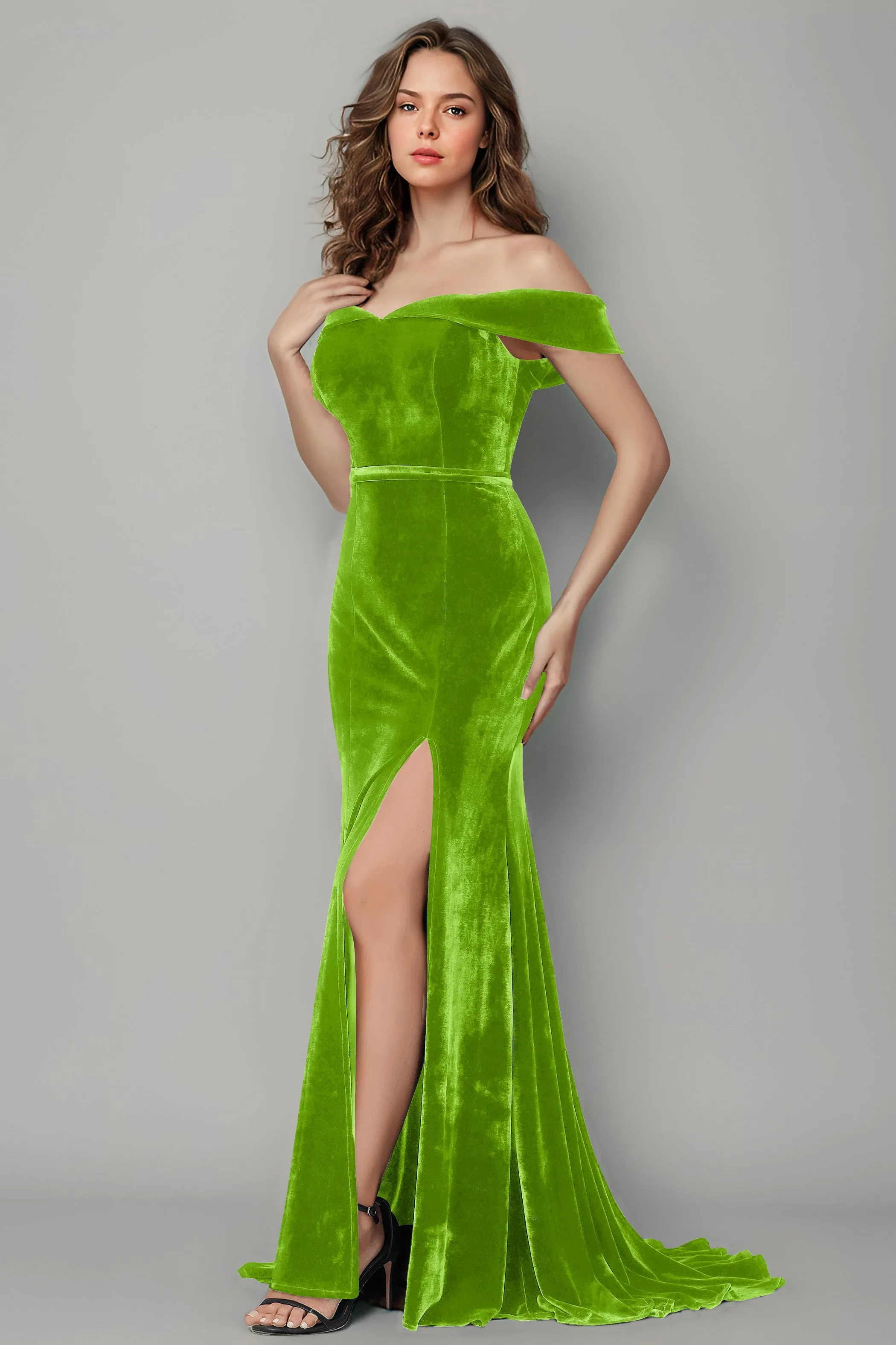 New Arrival Off the Shoulder Mermaid Velvet Bridesmaid Dresses with Slit