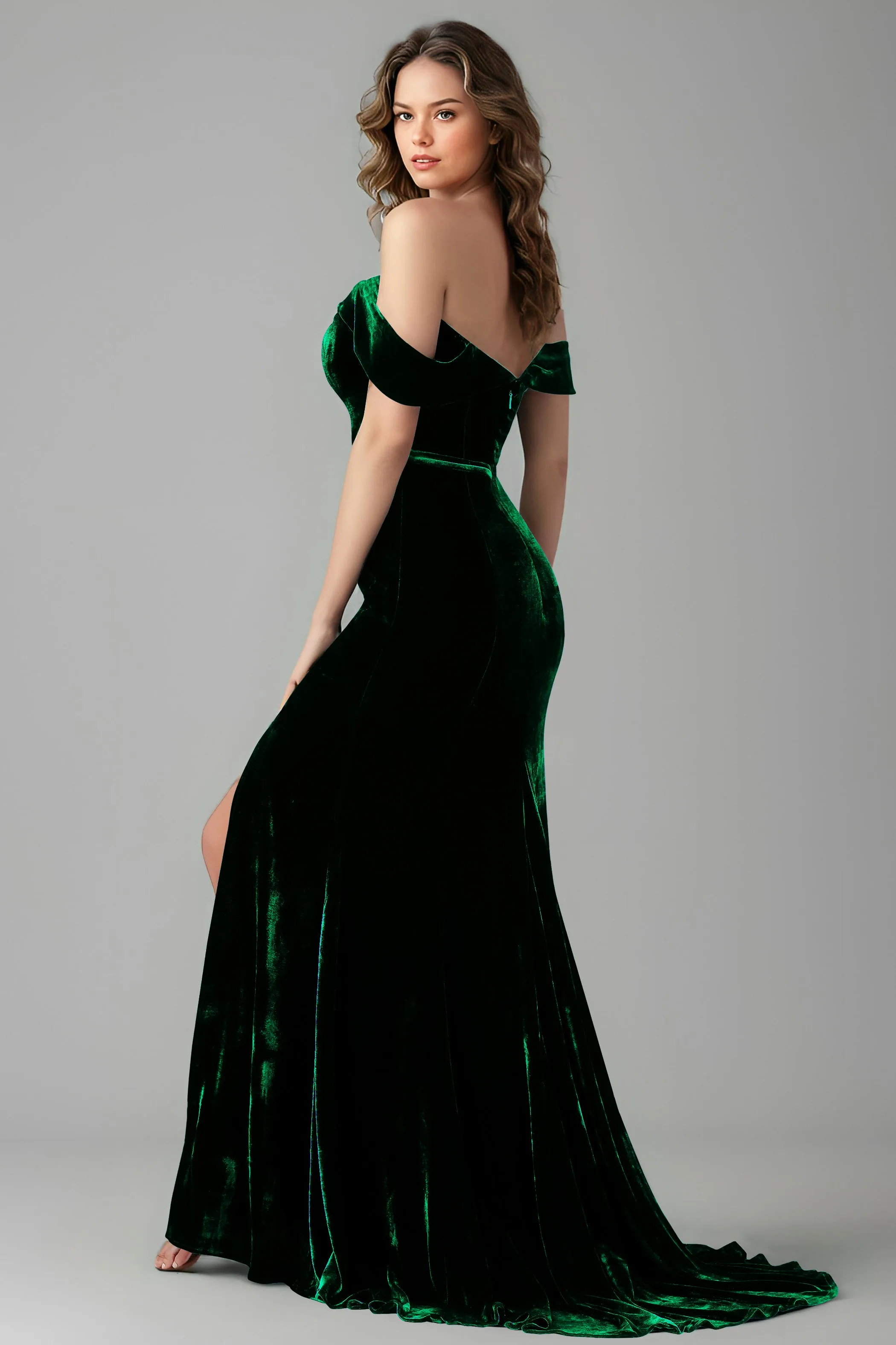 New Arrival Off the Shoulder Mermaid Velvet Bridesmaid Dresses with Slit