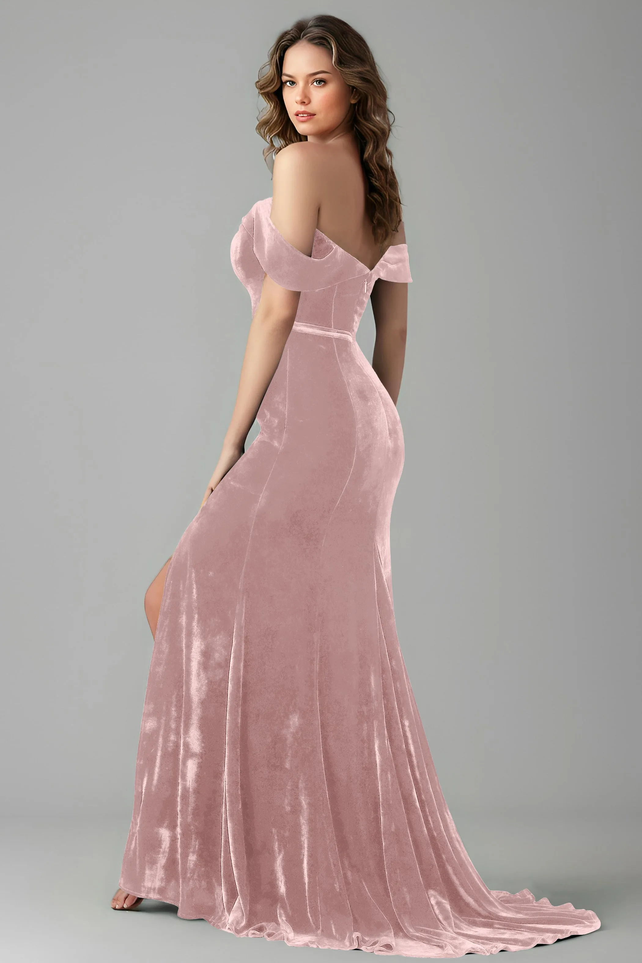 New Arrival Off the Shoulder Mermaid Velvet Bridesmaid Dresses with Slit