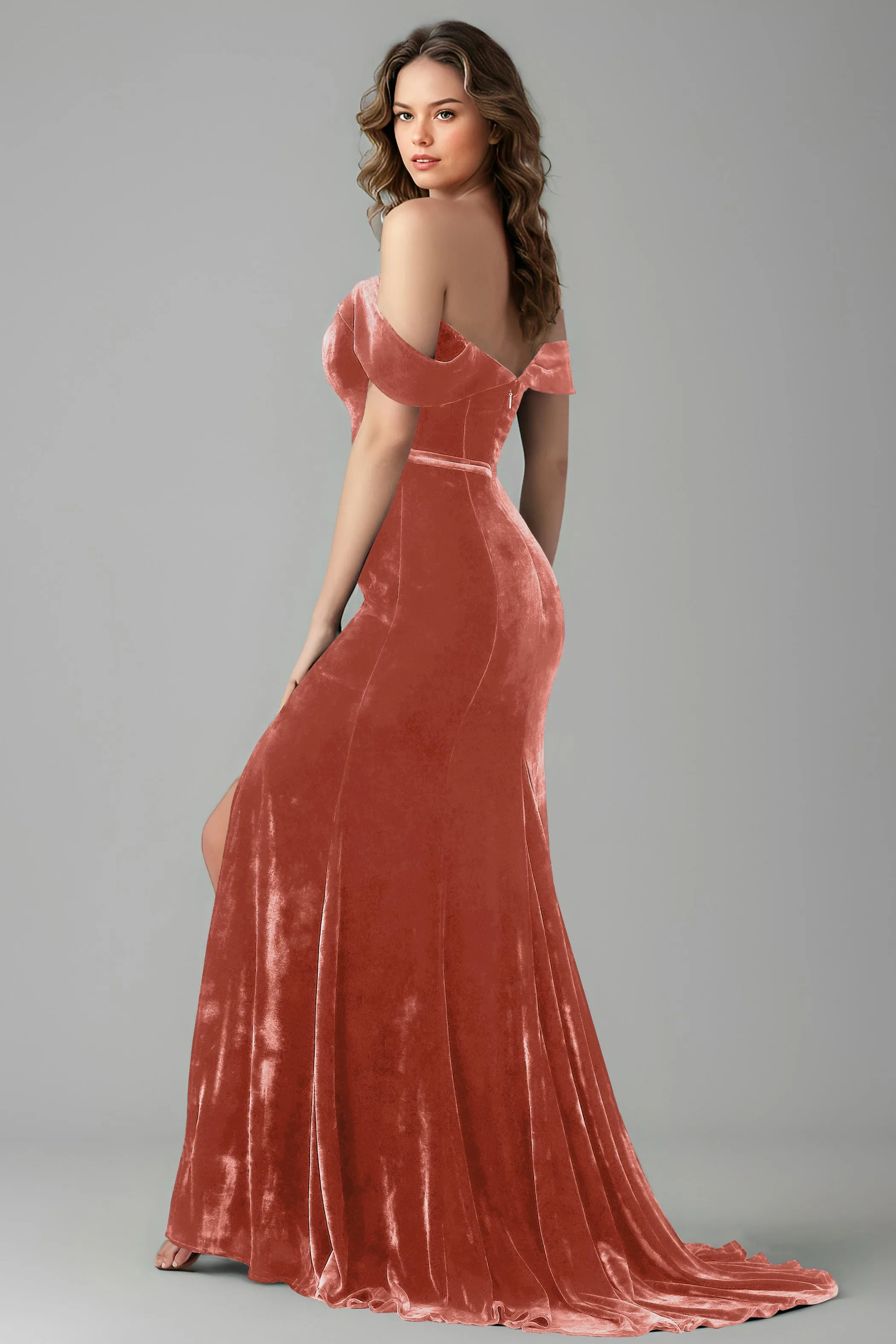 New Arrival Off the Shoulder Mermaid Velvet Bridesmaid Dresses with Slit