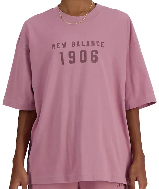 New Balance Womens Iconic Collegiate Jersey Oversized T-Shirt Rosewood