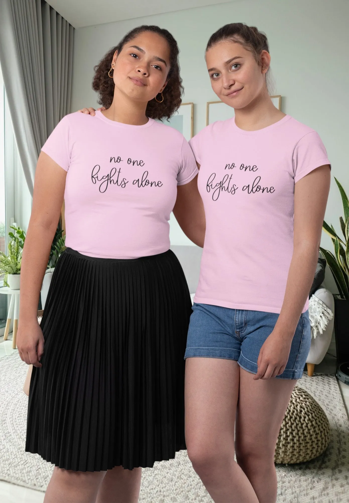 No One Fights Alone Matching Women's T-Shirts Set in Pink