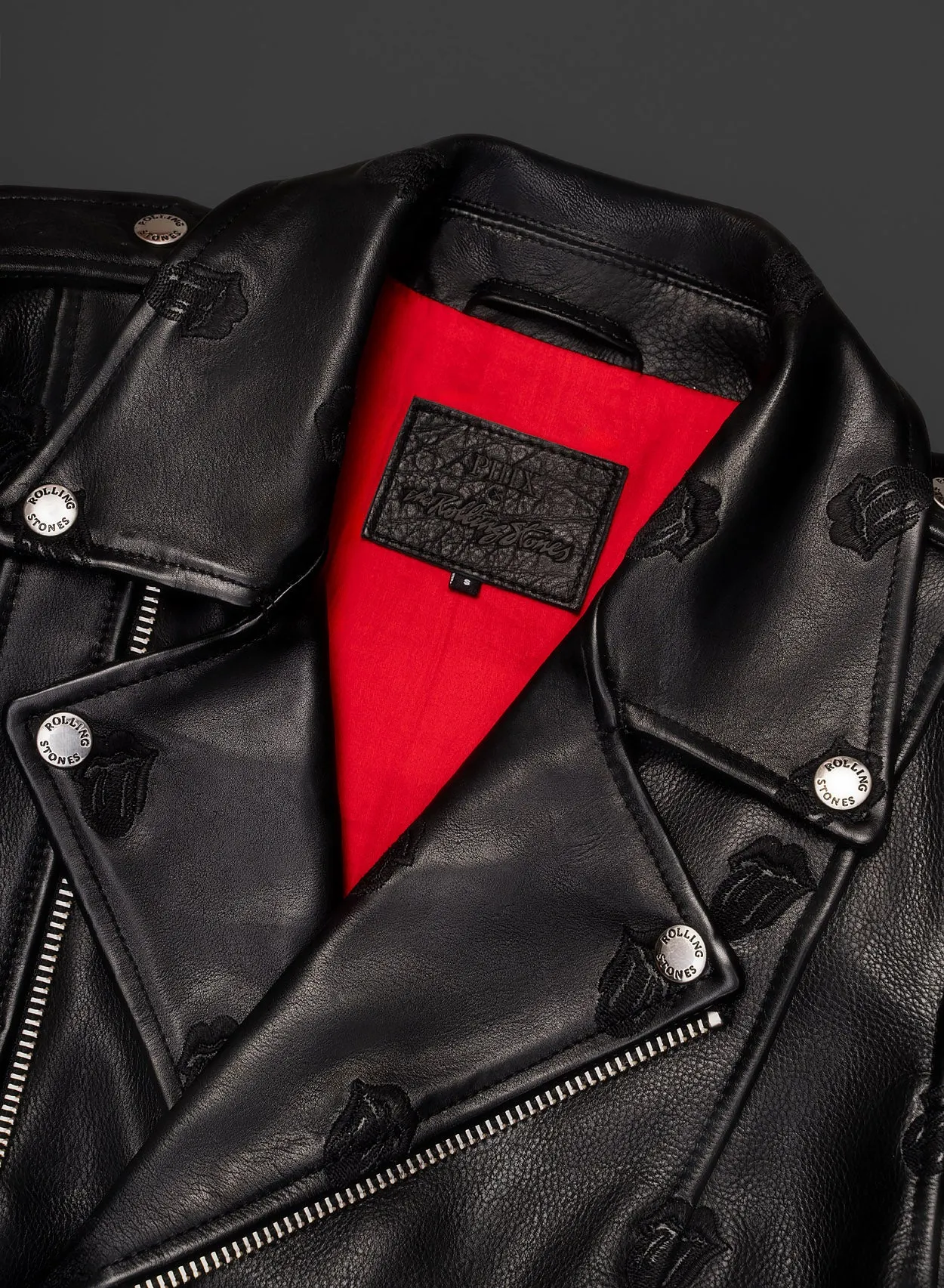 Phix X Rolling Stones Tongue Embroidered Leather Biker Jacket