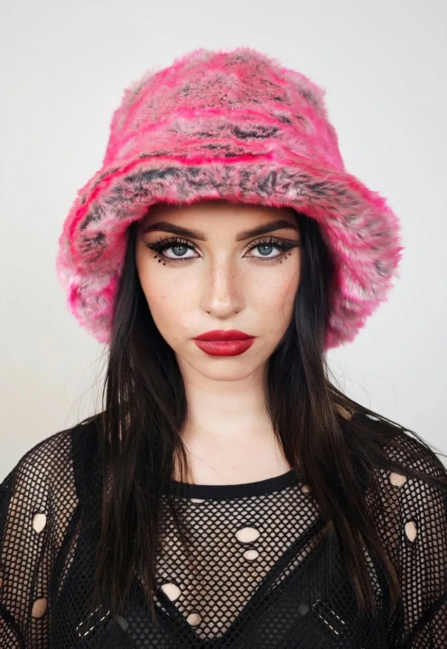 Pink faux fur bucket hat fuzzy neon cap festival rave fedora