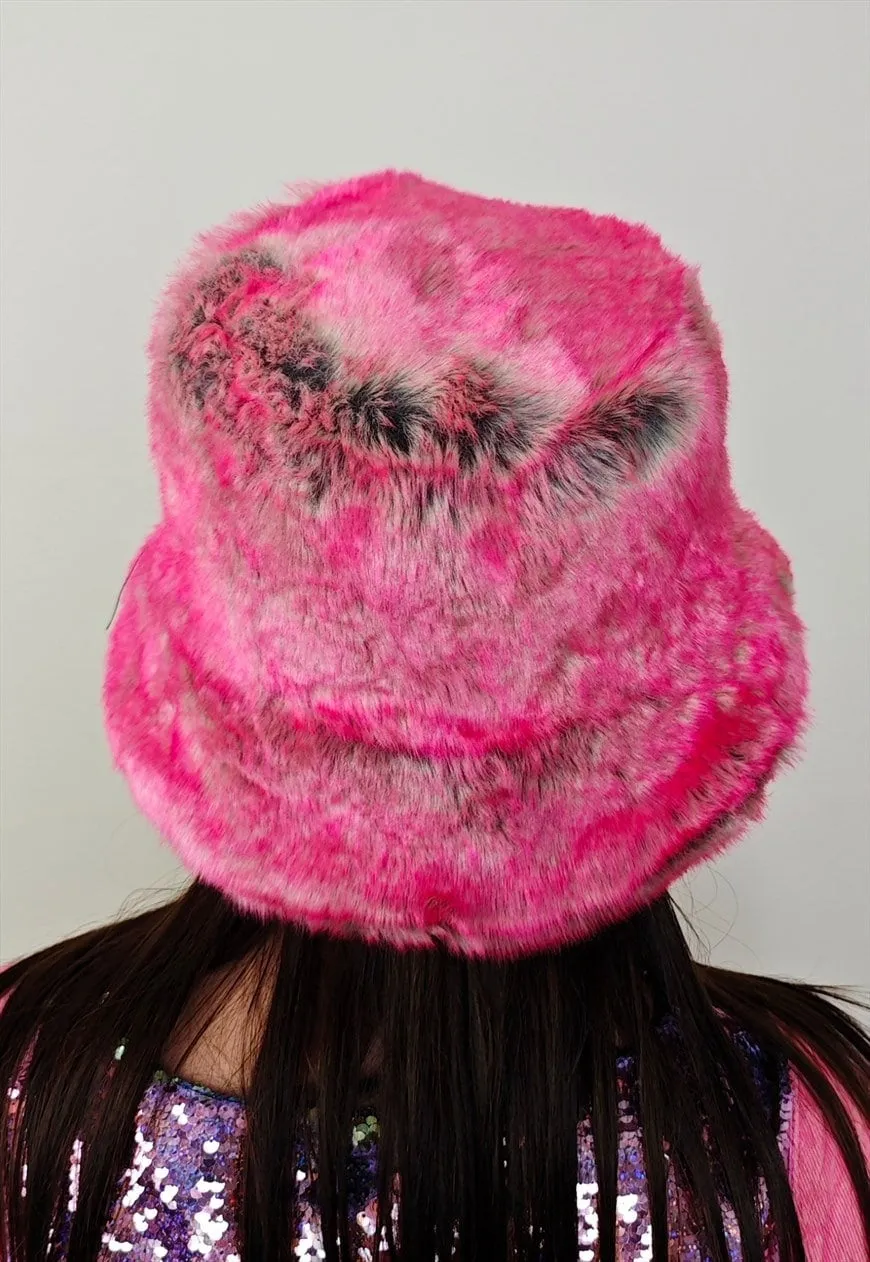 Pink faux fur bucket hat fuzzy neon cap festival rave fedora