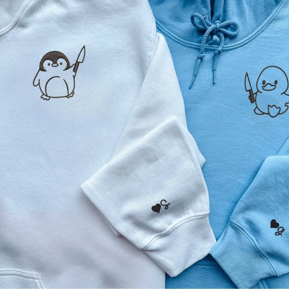 "Duck and Penguin with Knife" Matching Couple Hoodies - Custom Embroidered Sweatshirts For Couples