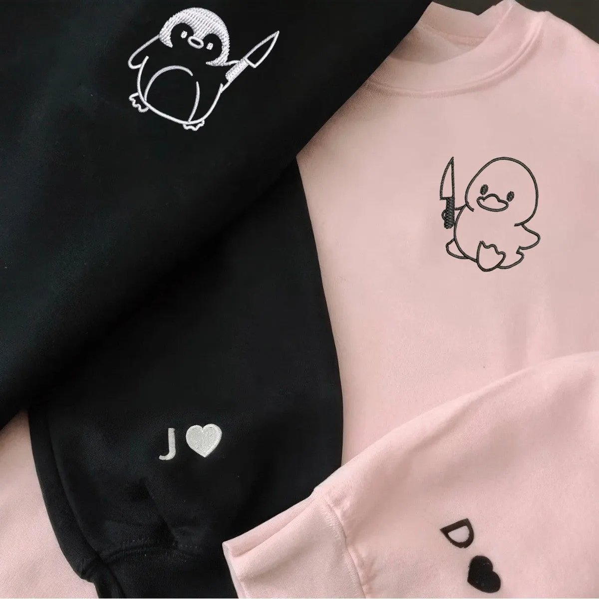 "Duck and Penguin with Knife" Matching Couple Hoodies - Custom Embroidered Sweatshirts For Couples