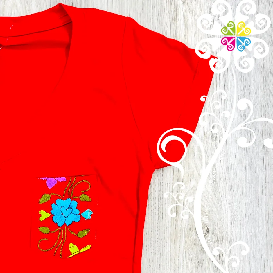 Red Embroider Women Tee - Pocket Embroider