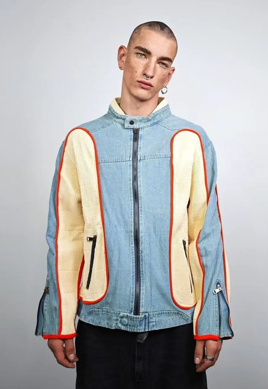 Reworked denim racing jacket colour blocked varsity bomber