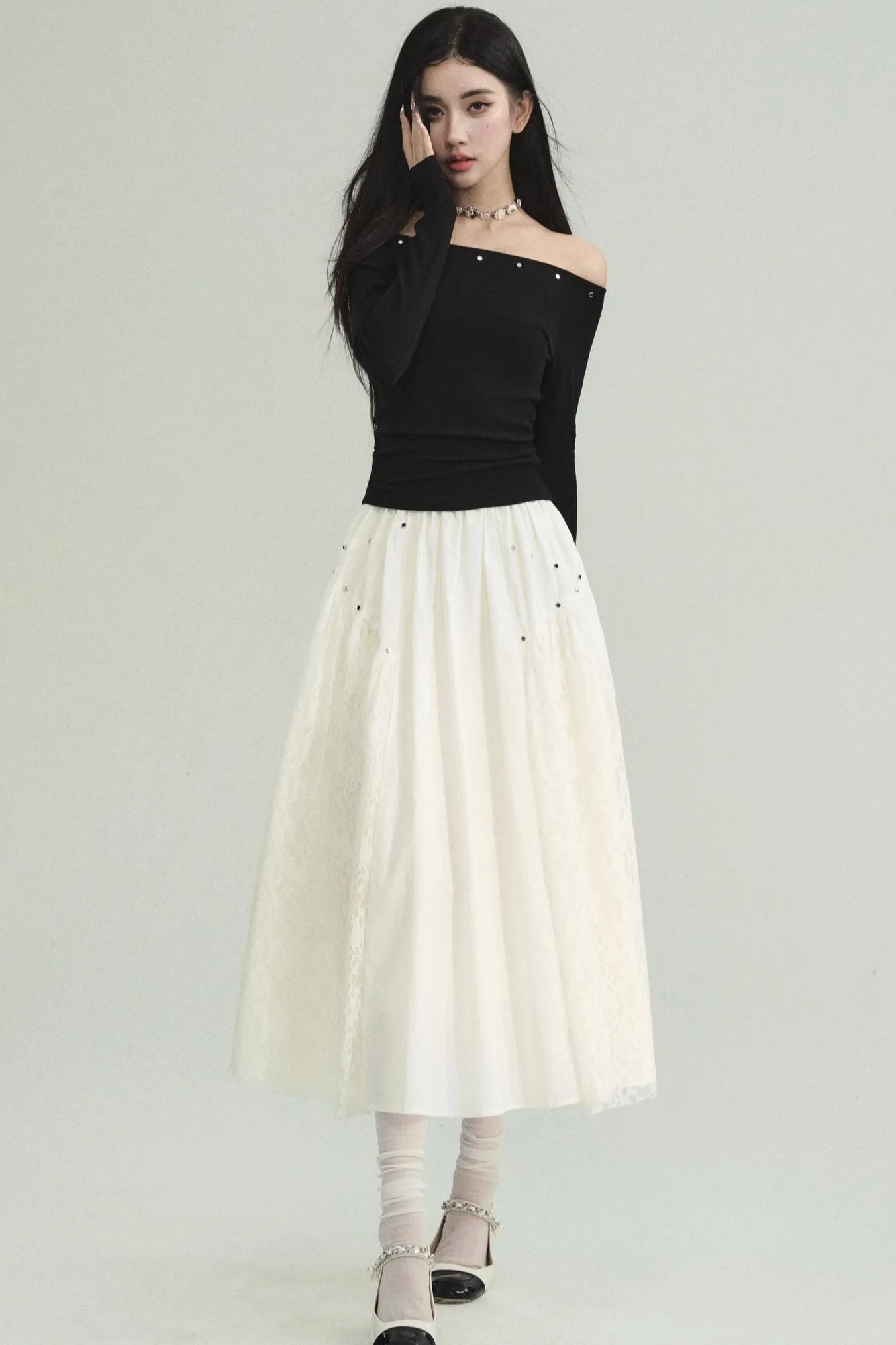 Rhinestone Off-Shoulder Crop Top and Tulle Midi Skirt Set