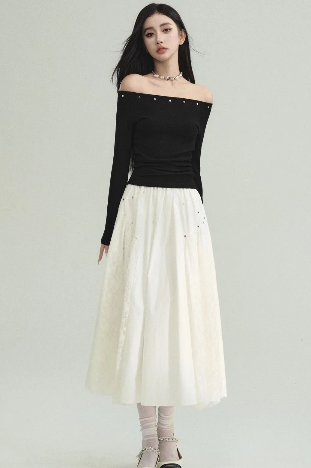 Rhinestone Off-Shoulder Crop Top and Tulle Midi Skirt Set