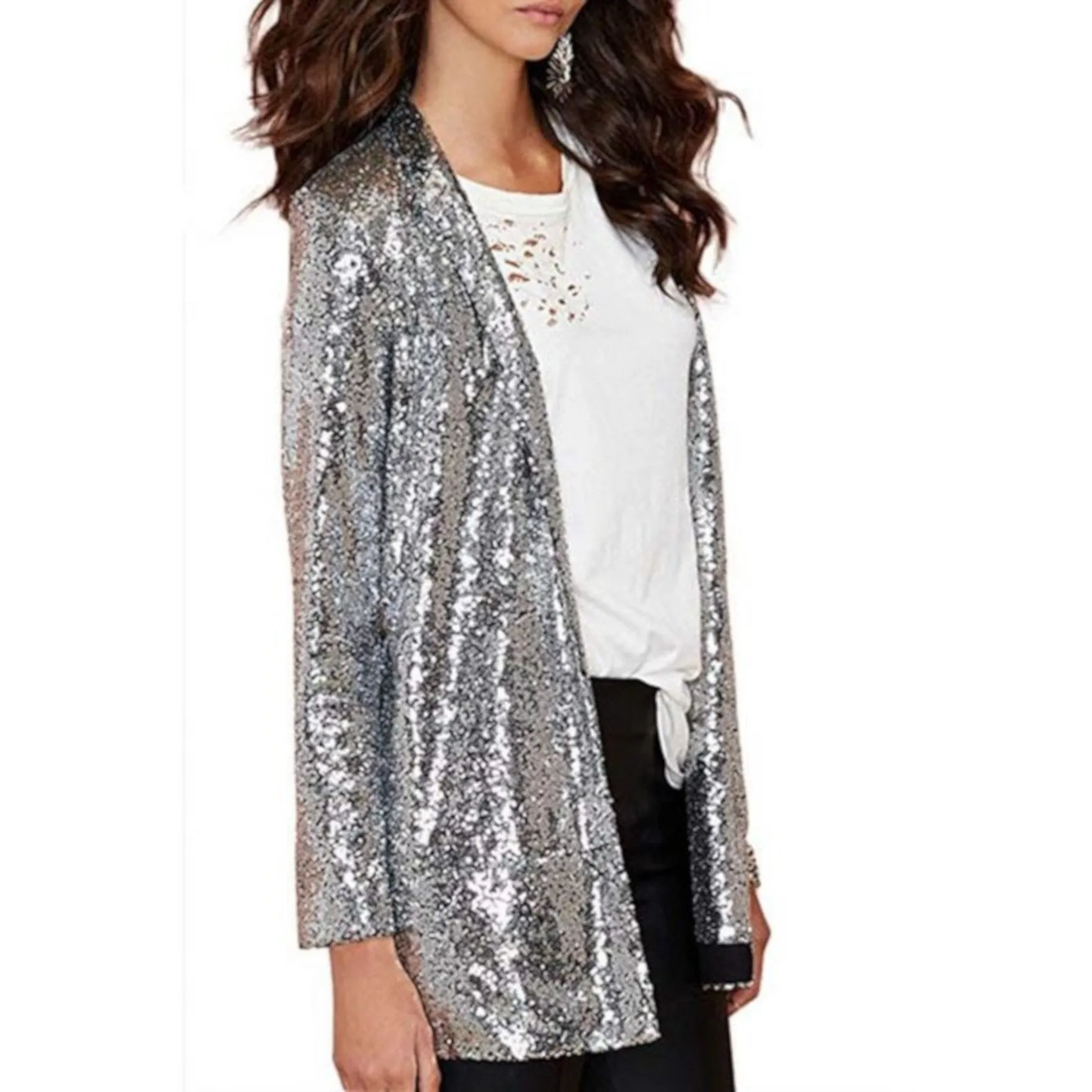 Sexy Business Casual Open Front Silver Sequin Office Blazer