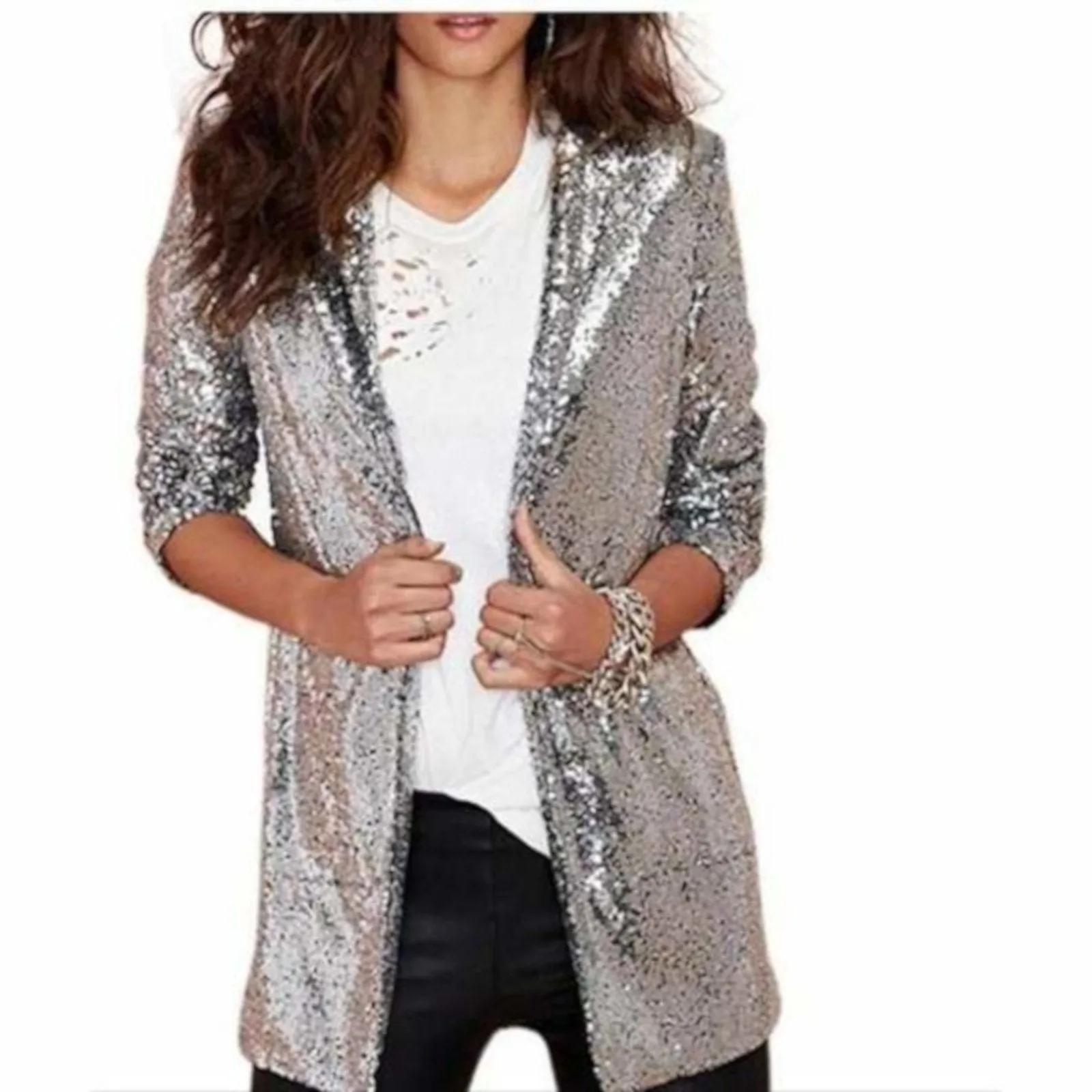 Sexy Business Casual Open Front Silver Sequin Office Blazer