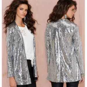 Sexy Business Casual Open Front Silver Sequin Office Blazer