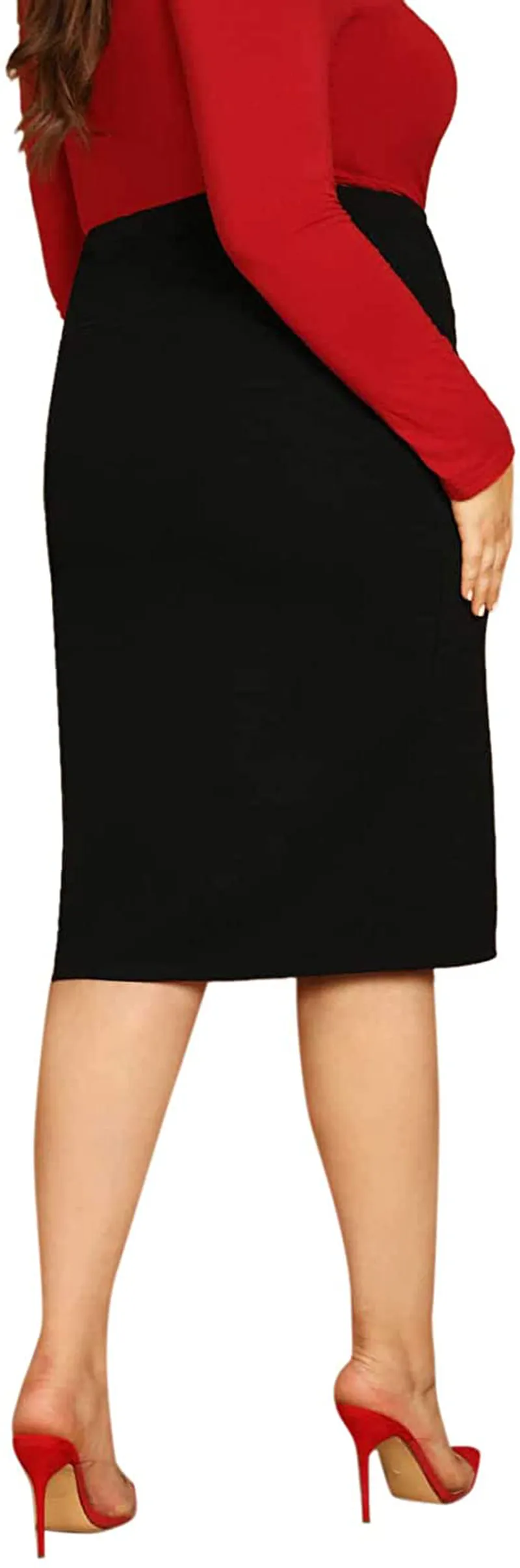 SheIn Women's Plus Below Knee Plaid Print Stretch Bodycon Midi Office Pencil Skirt