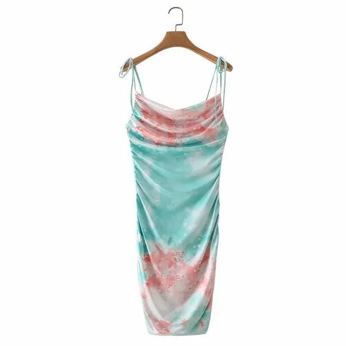 Summer Women Tie Dye Draped  Drawstring Dress Sexy Sling Bodycon Mini