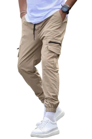 Tan Men's Stretch Cargo Elastic Bottom Joggers 2 Pockets with Zipper Slim Fit