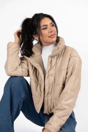 Things Take Time Khaki Faux Leather Puffer Jacket FINAL SALE