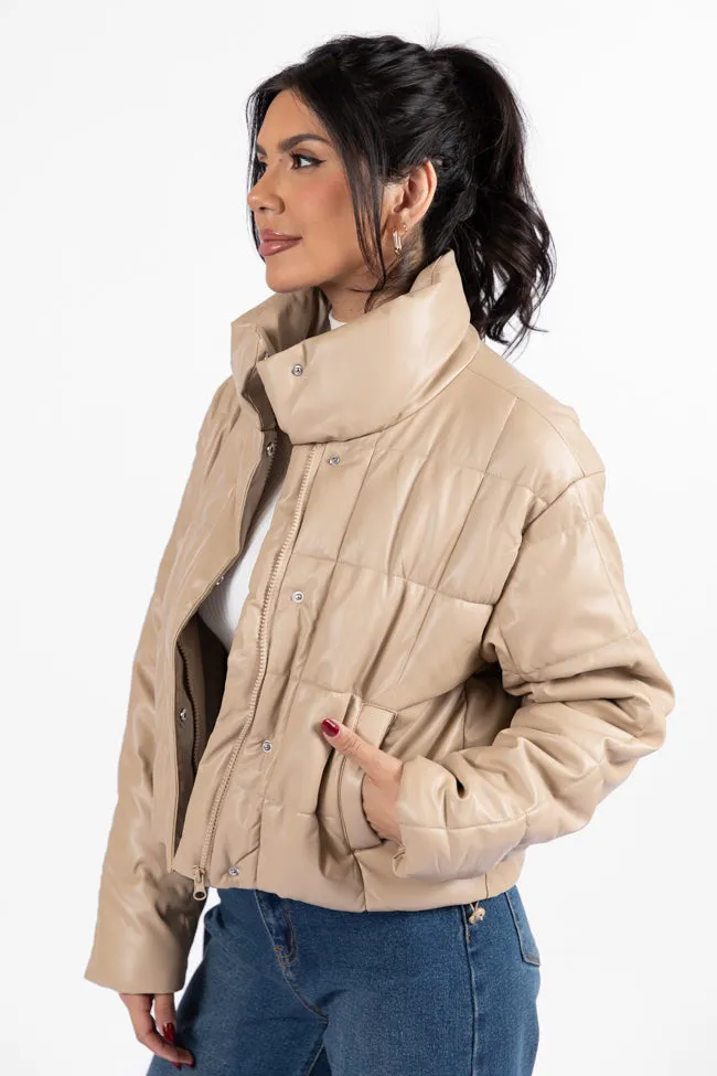 Things Take Time Khaki Faux Leather Puffer Jacket FINAL SALE