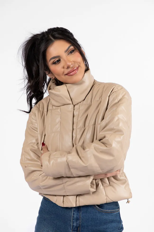 Things Take Time Khaki Faux Leather Puffer Jacket FINAL SALE