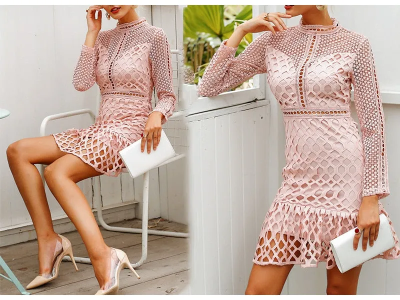 VenusFox Elegant Sexy high waist long sleeve pink party dress