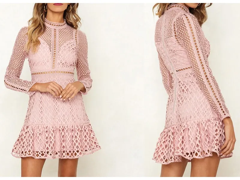 VenusFox Elegant Sexy high waist long sleeve pink party dress