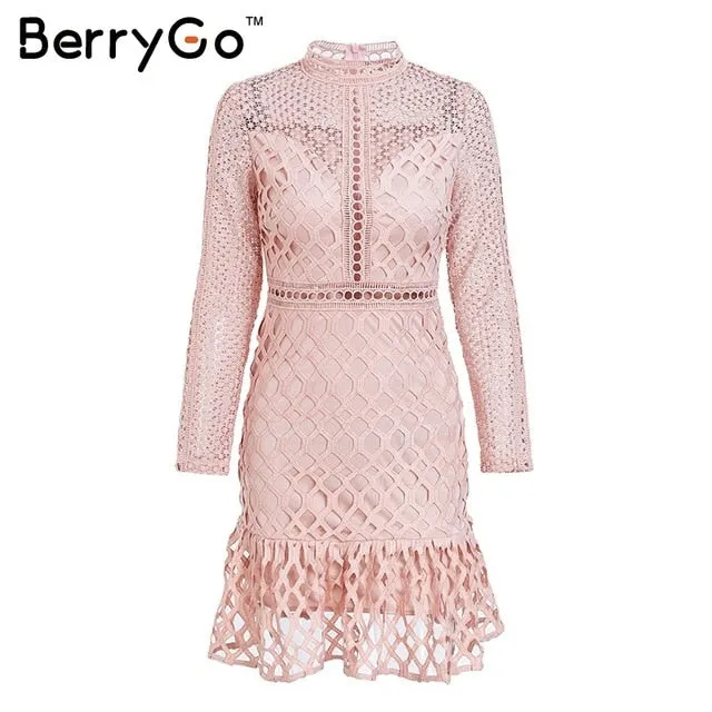 VenusFox Elegant Sexy high waist long sleeve pink party dress