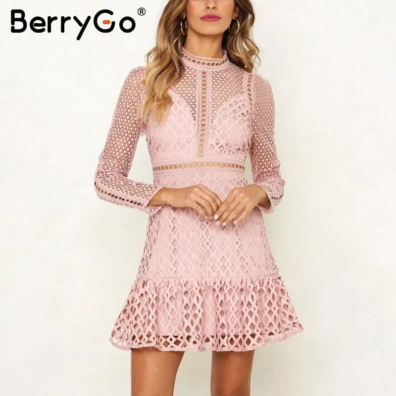 VenusFox Elegant Sexy high waist long sleeve pink party dress