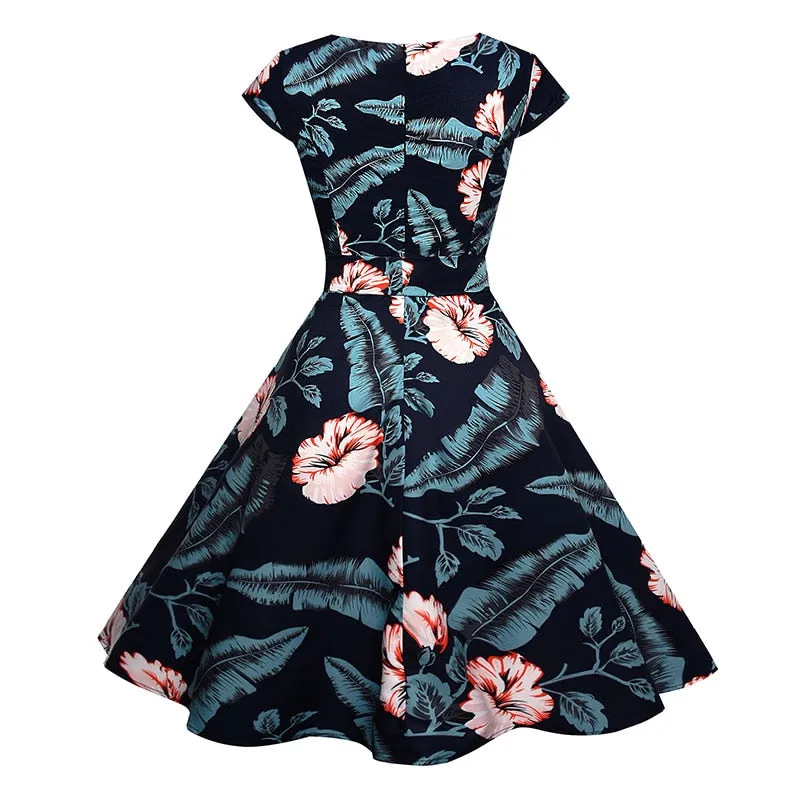 VenusFox Floral Dress 50s Vintage Casual Elegant Print O-Neck Party Work Office Dress