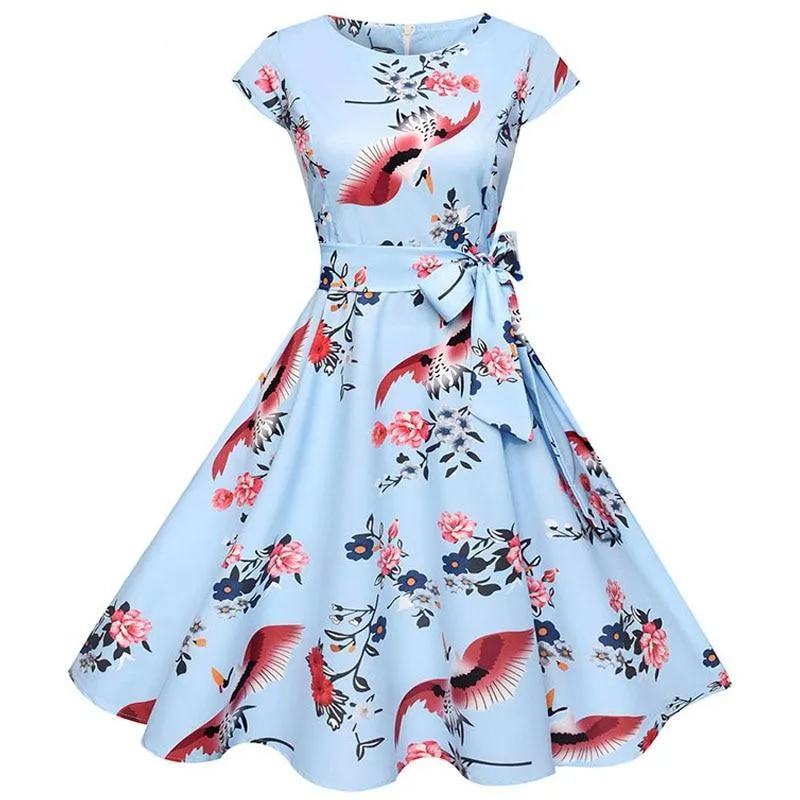 VenusFox Floral Dress 50s Vintage Casual Elegant Print O-Neck Party Work Office Dress