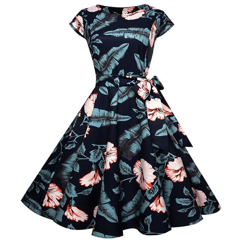 VenusFox Floral Dress 50s Vintage Casual Elegant Print O-Neck Party Work Office Dress