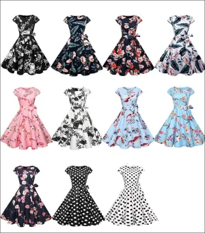 VenusFox Floral Dress 50s Vintage Casual Elegant Print O-Neck Party Work Office Dress