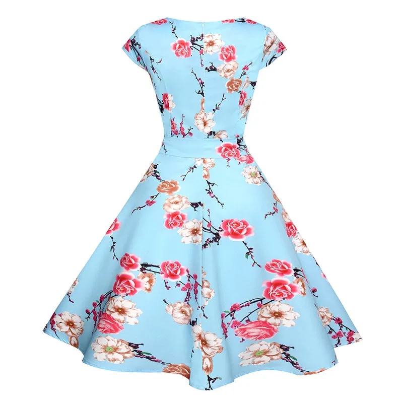 VenusFox Floral Dress 50s Vintage Casual Elegant Print O-Neck Party Work Office Dress