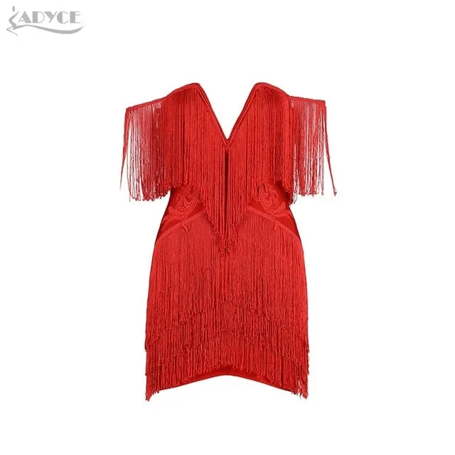 VenusFox Fringe Elegant Off Shoulder Tassel Mini Club Dresses