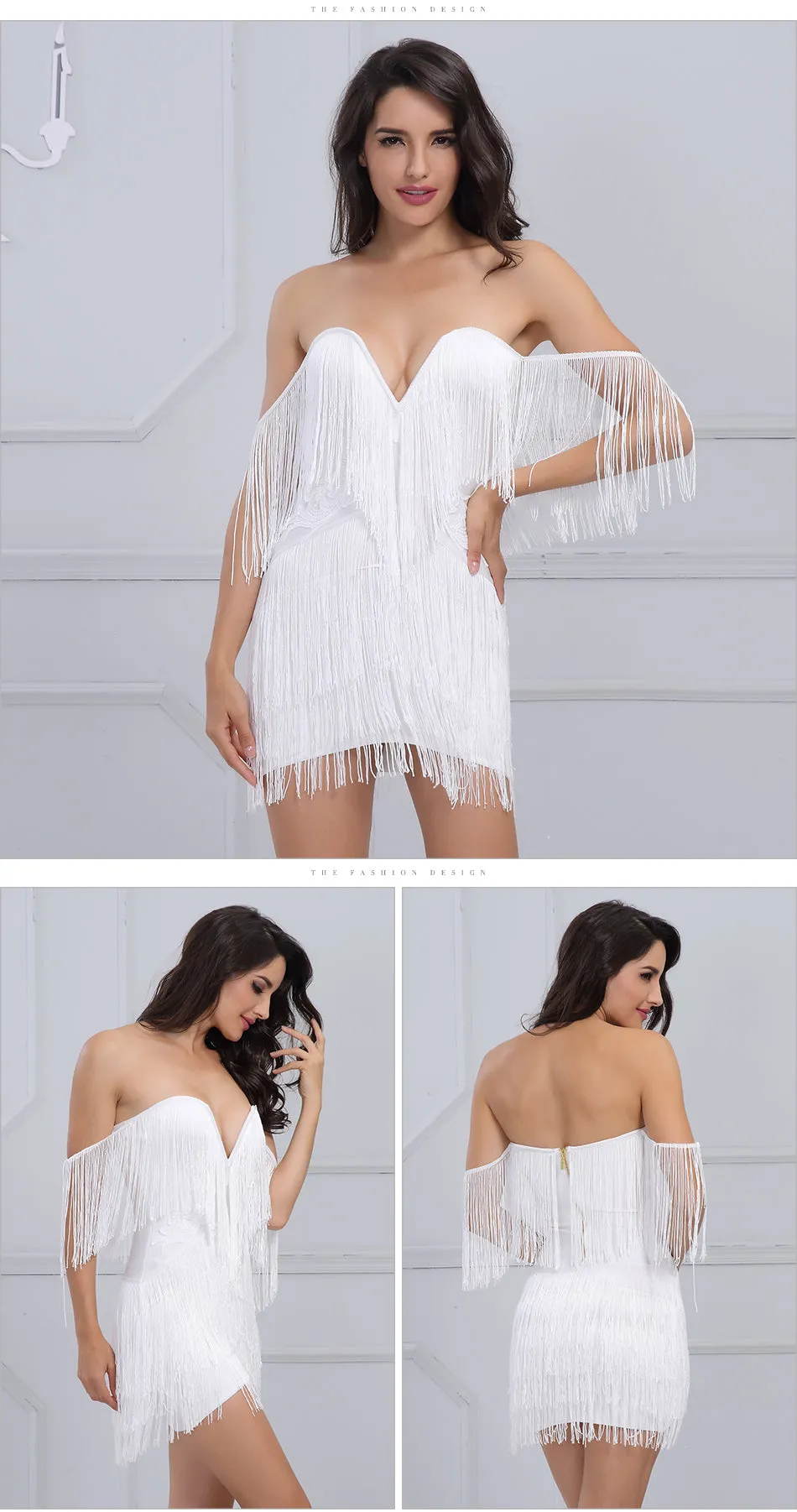 VenusFox Fringe Elegant Off Shoulder Tassel Mini Club Dresses