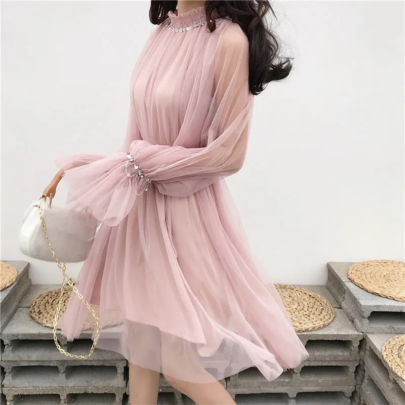 VenusFox Korean Style Elegant Mesh Beading Dresses